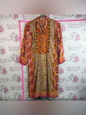 Dress long floral Embroidered Floral Tunic Dress in Mustard, Orange & Pink